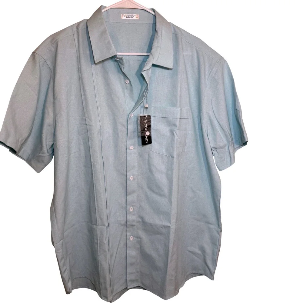 COOFANDY Men's Short Sleeve Button Down Shirt Light Blue Linen Blend‎ XXLarge